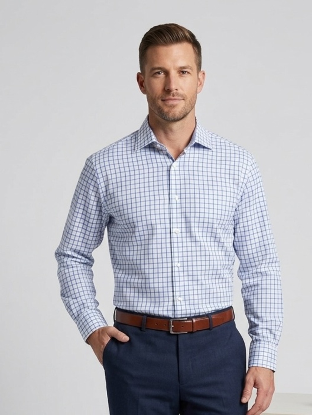 Tattersall London Mens Blue White Check Long Sleeve Dress Shirt 16.5 32/33⁠
